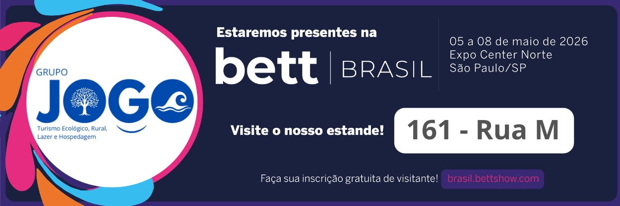 Card informando a participaÃ§Ã£o do Grupo Jogo na Bett Brasil, de 05 a 08 de maio de 2026, no Expo Center Norte em SÃ£o Paulo, estande 161 Rua M.